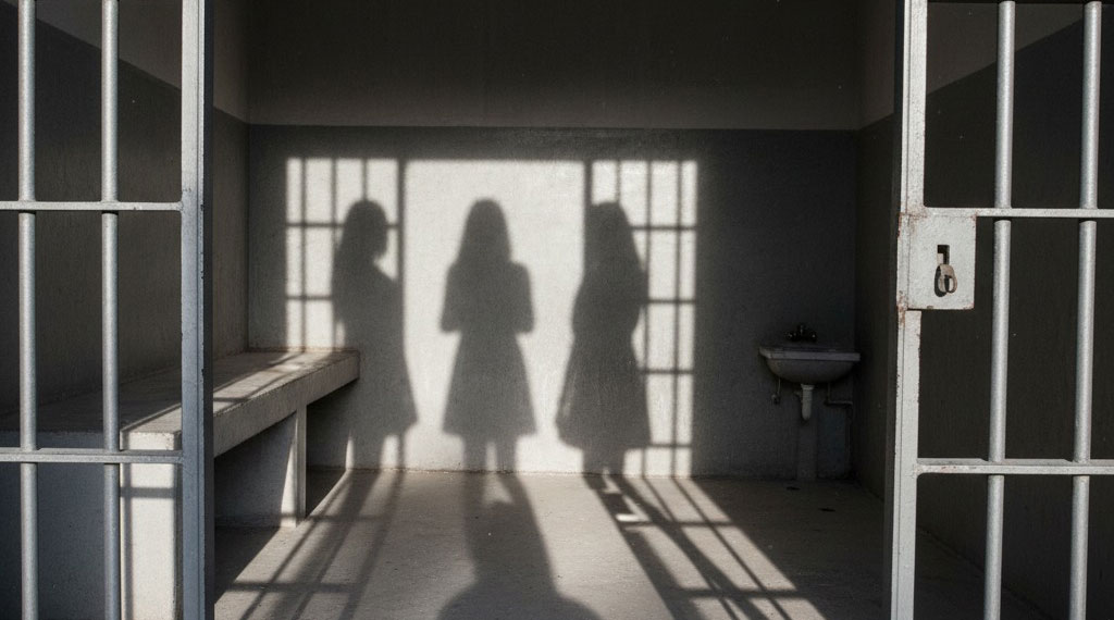 En la imagen hay una celda abierta y al fondo se ven las siluetas en sombra de tres mujeres
