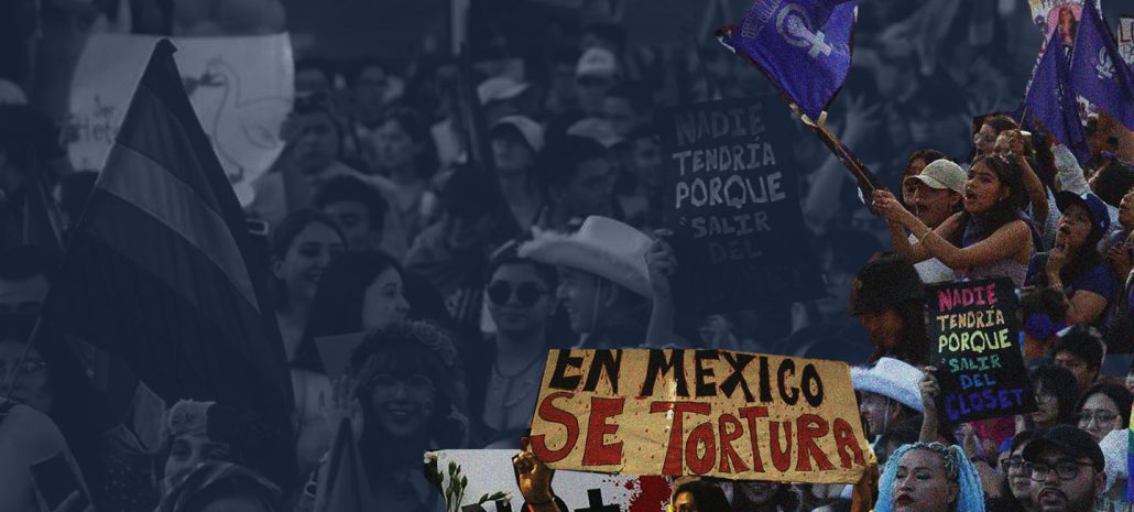 Collage de los reportajes usados en un cartel dice: En México se tortura