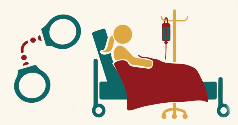 Ilustración de una mujer en una camilla de hospital y unas esposas