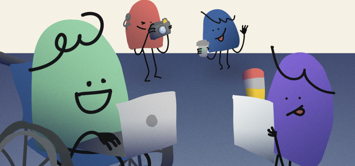 Ilustraciones de personajes de colores como gomitas que hacen labores de comunicación, escribiendo, en una compu y tomando fotos