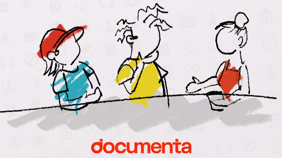 En la ilustración tres menores conversan entre ellos