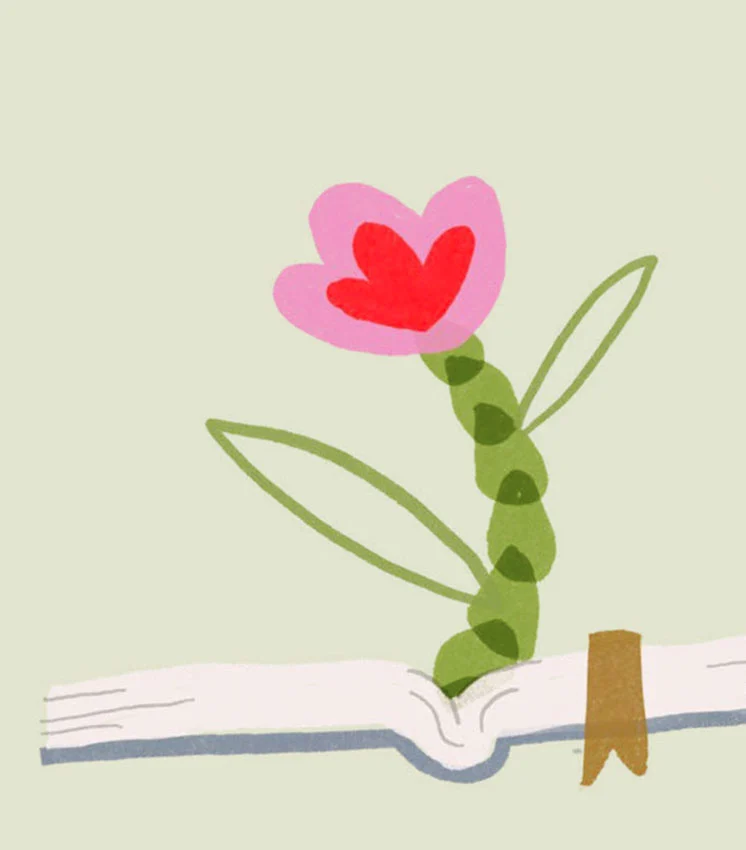 En la ilustración una flor sale de la mitad de las páginas de un libro